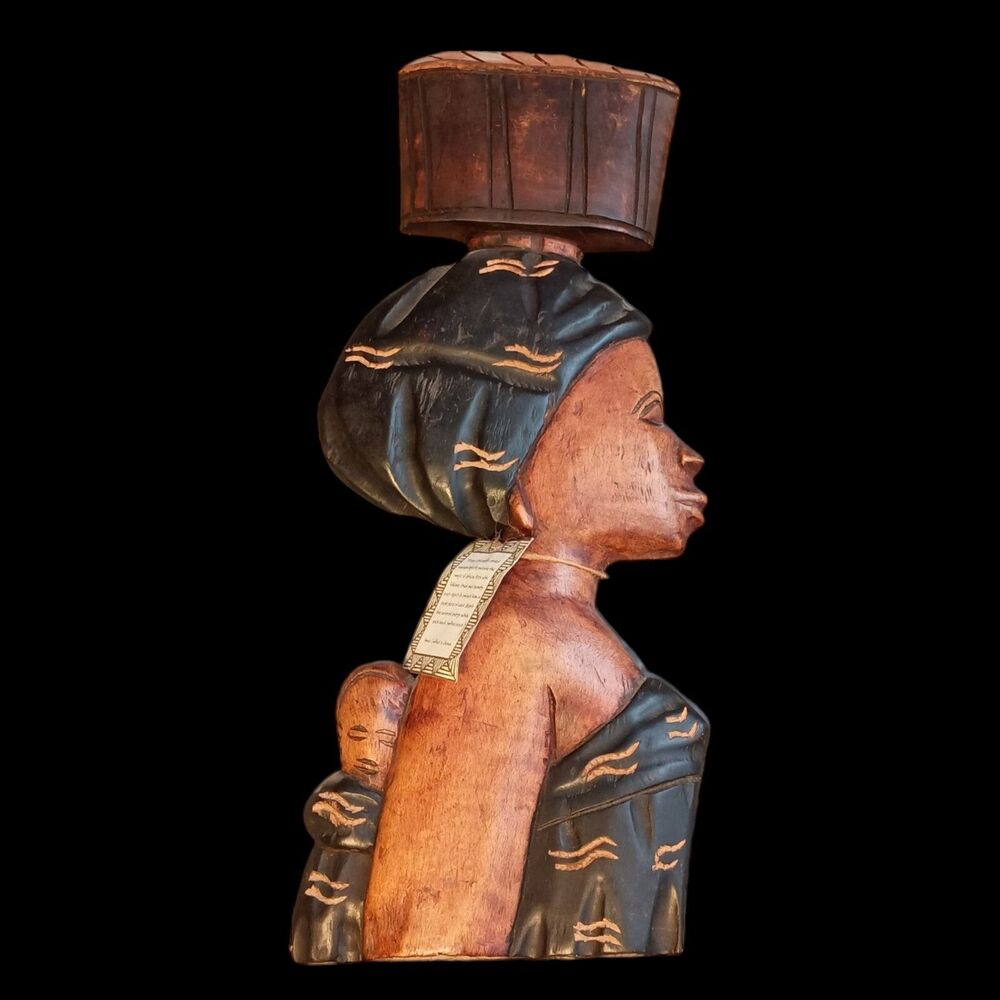 VTG African Tribal Hand Carved In Ghana Mother With Child Basket Art Decor 18.5"